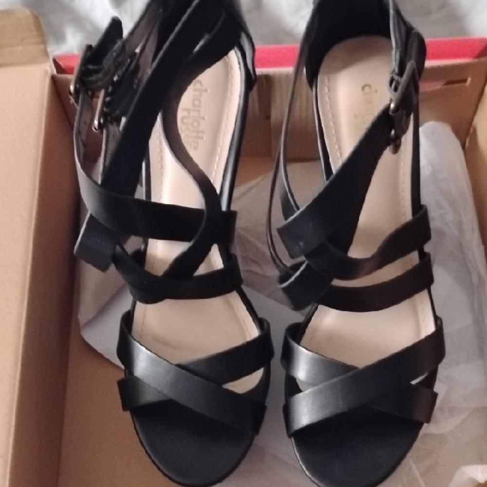 Charlotte Russe Open Heels Size 9 Black Straps, Black/Brown Wedge